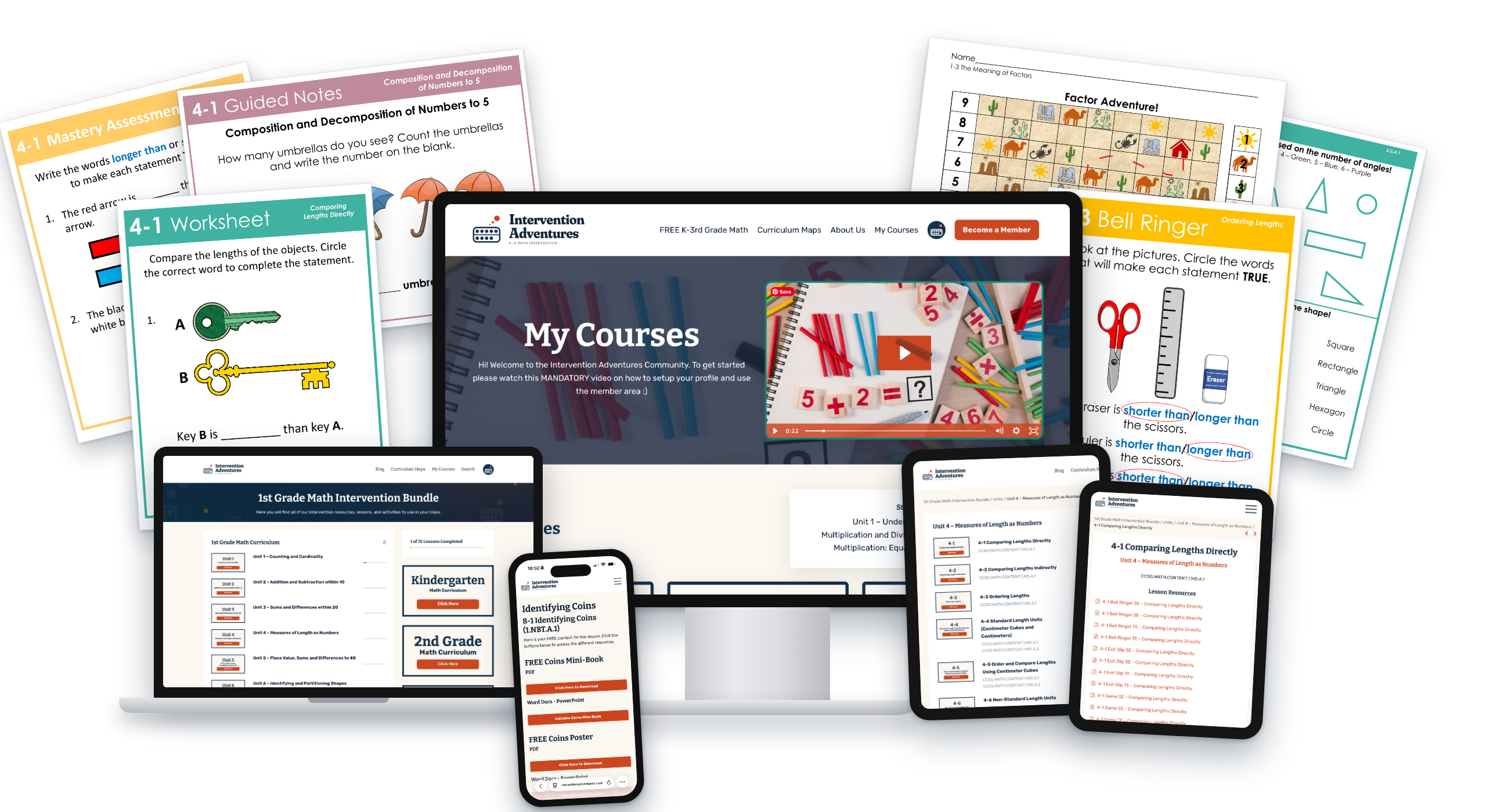 Intervention Adventures K-3 math intervention membership shown on desktop, laptop, tablet and phone with printed lesson pages