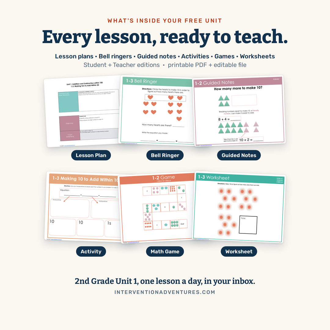 Preview of the free 2nd grade Unit 1 math intervention lessons