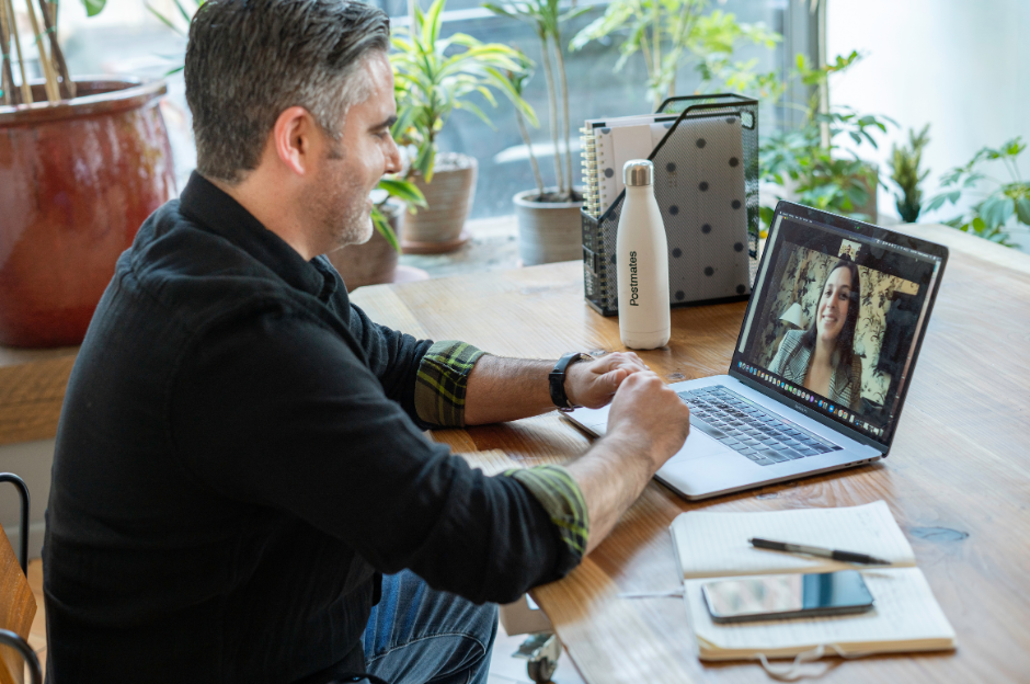 Man and a woman having a zoom call