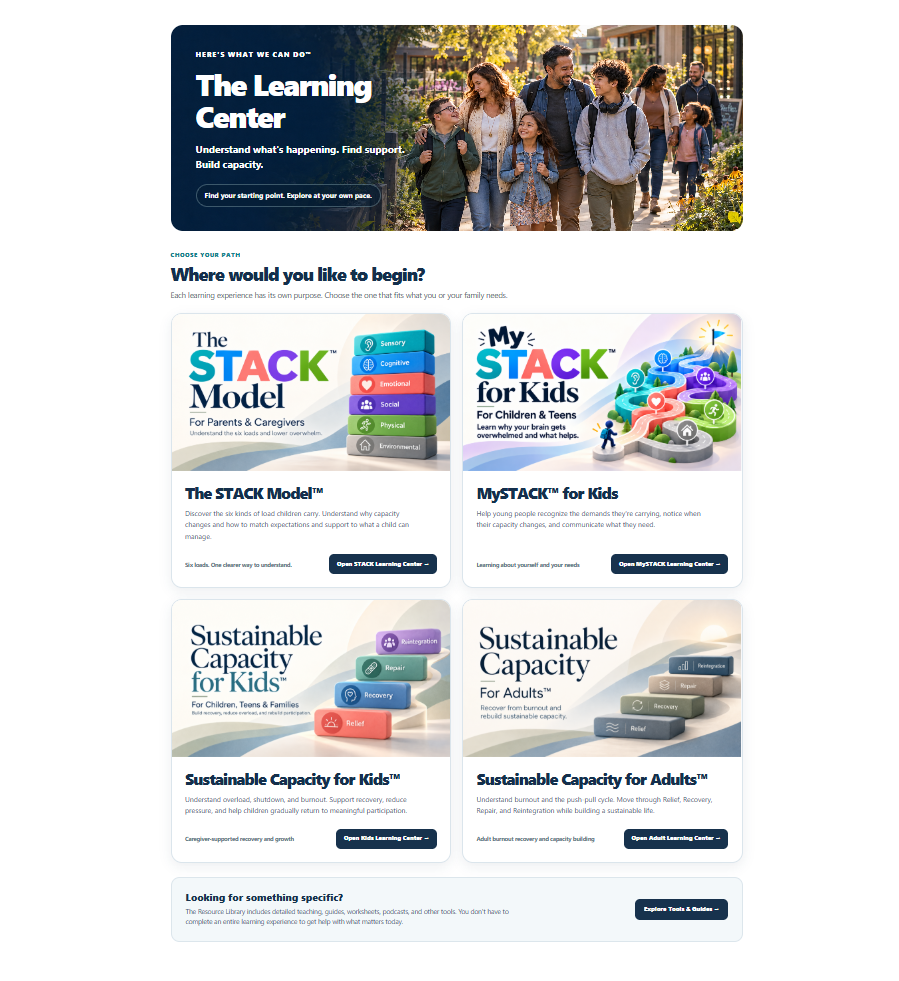 Learning Center showing STACK, MySTACK, and Sustainable Capacity pathways