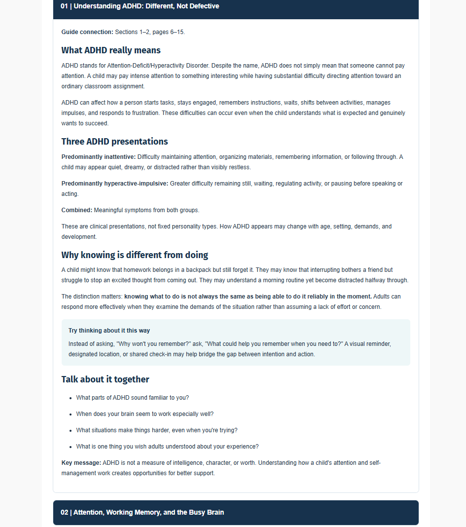 Expanded ADHD Learning Companion section with educational explanations and reflection questions