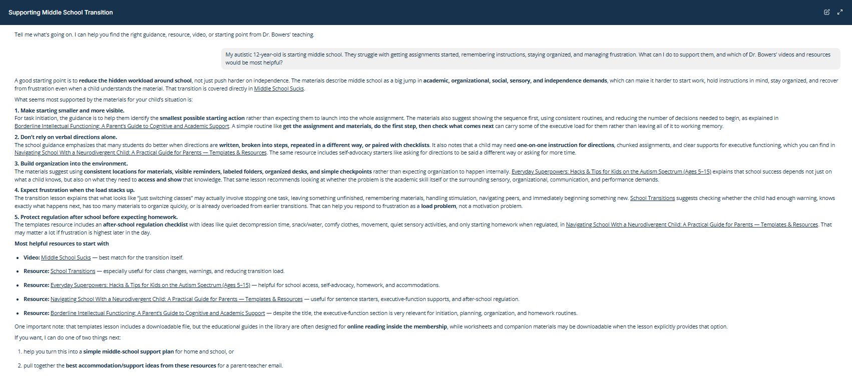 Knowledge System answer about supporting an autistic student transitioning to middle school