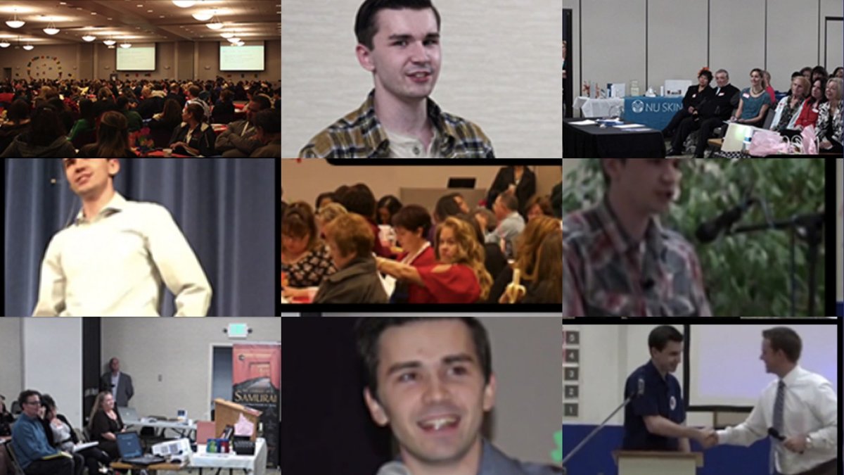 Photographs of Tyler McNamer speaking at conferences, schools and company events