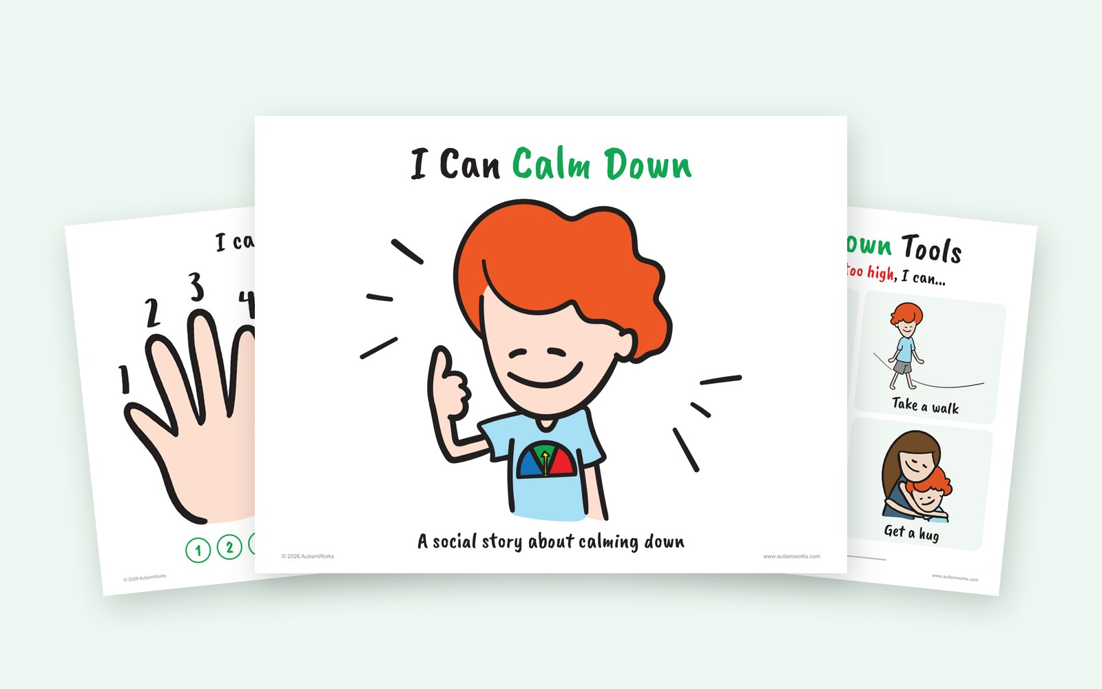 Pages from the I Can Calm Down social story: the title page, the count-to-ten page and the calm-down tools poster