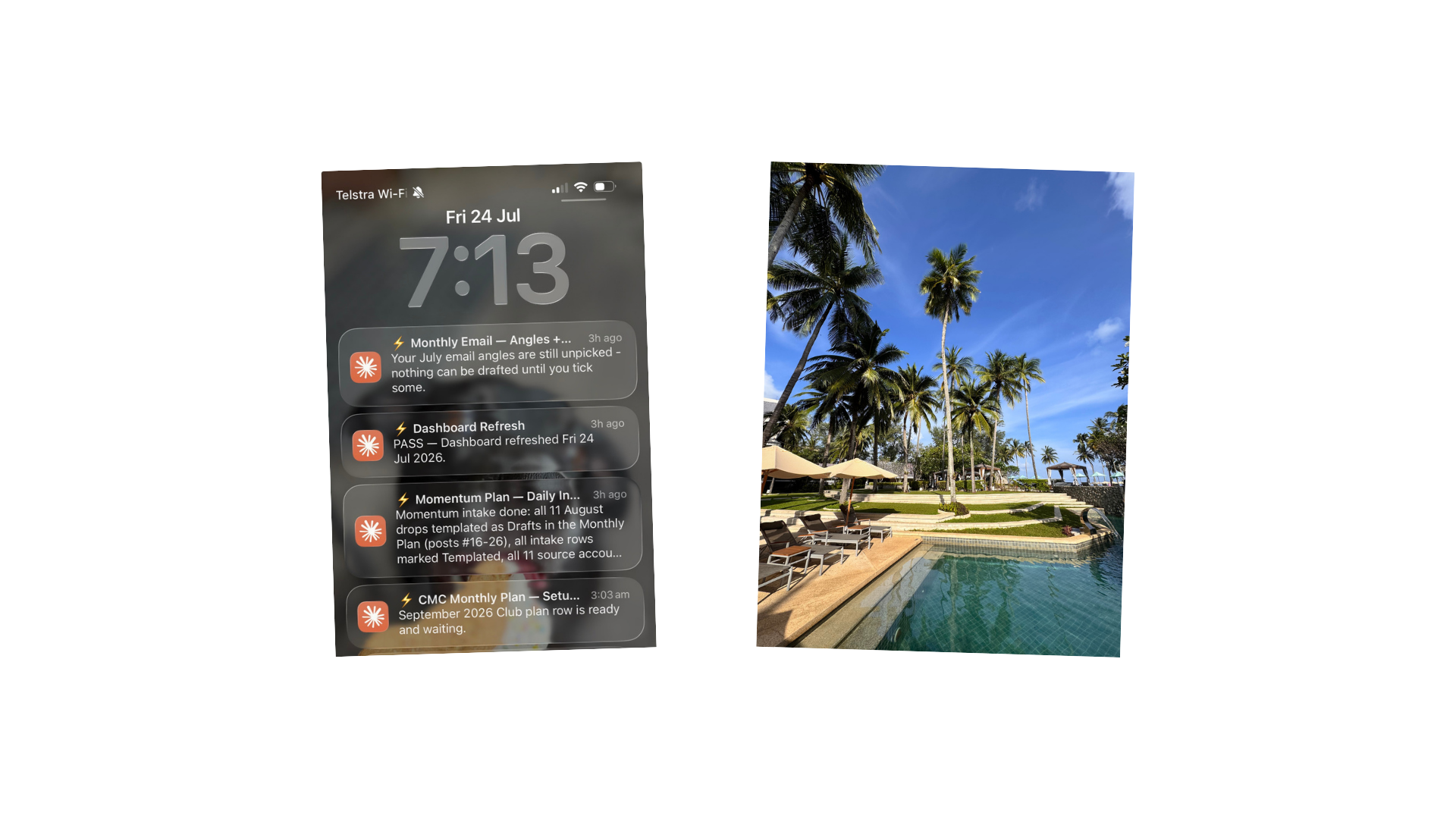 Carinda's phone showing overnight reports from her AI agents, next to a photo of the pool she was walking past that morning