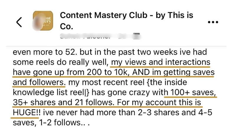Member testimonial - views and interactions up from 200 to 10k