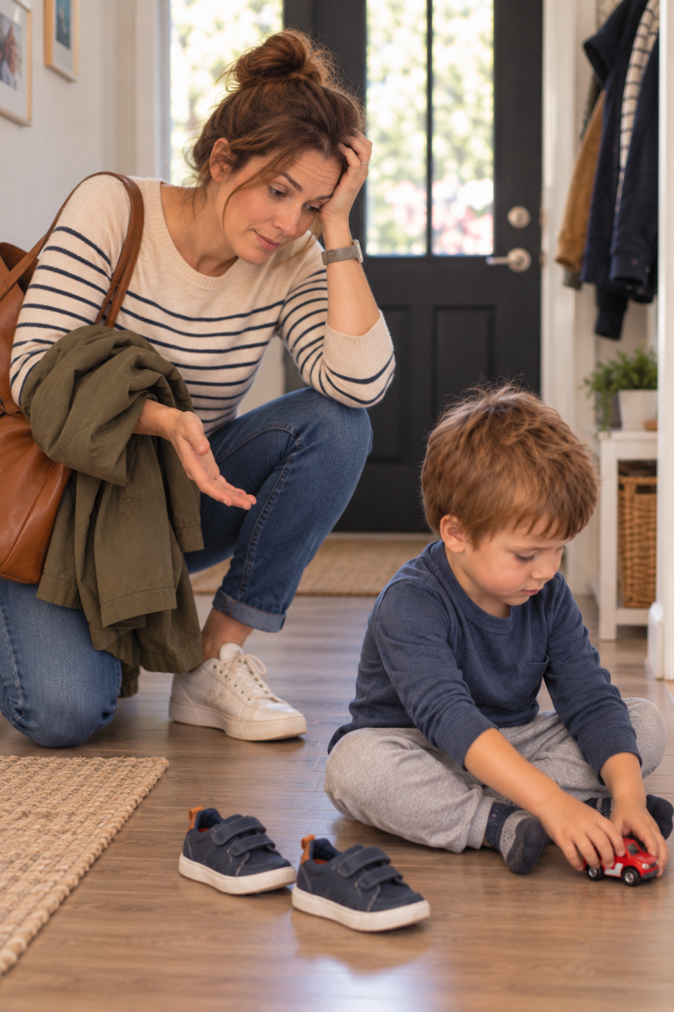 Frustrated mum trying to get her child to listen and cooperate