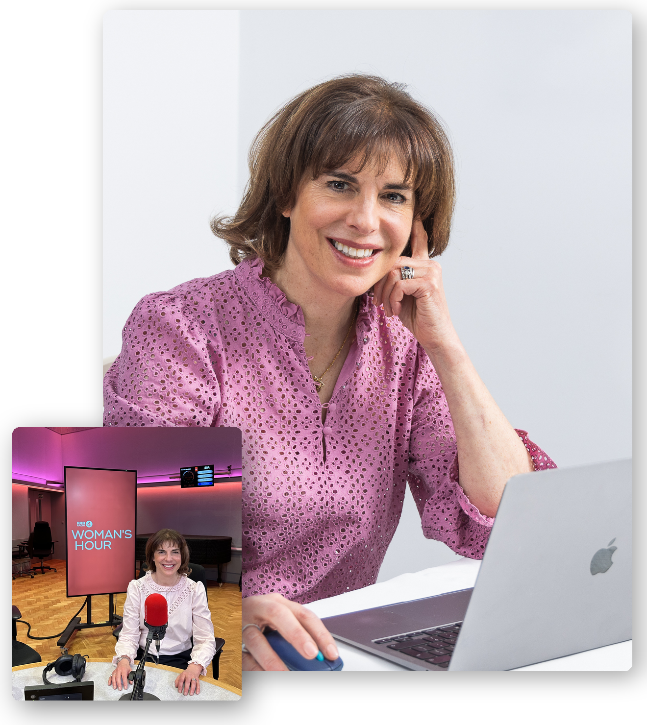 Camilla McGill at her desk, with an inset photo of her in the BBC Radio 4 Woman's Hour studio