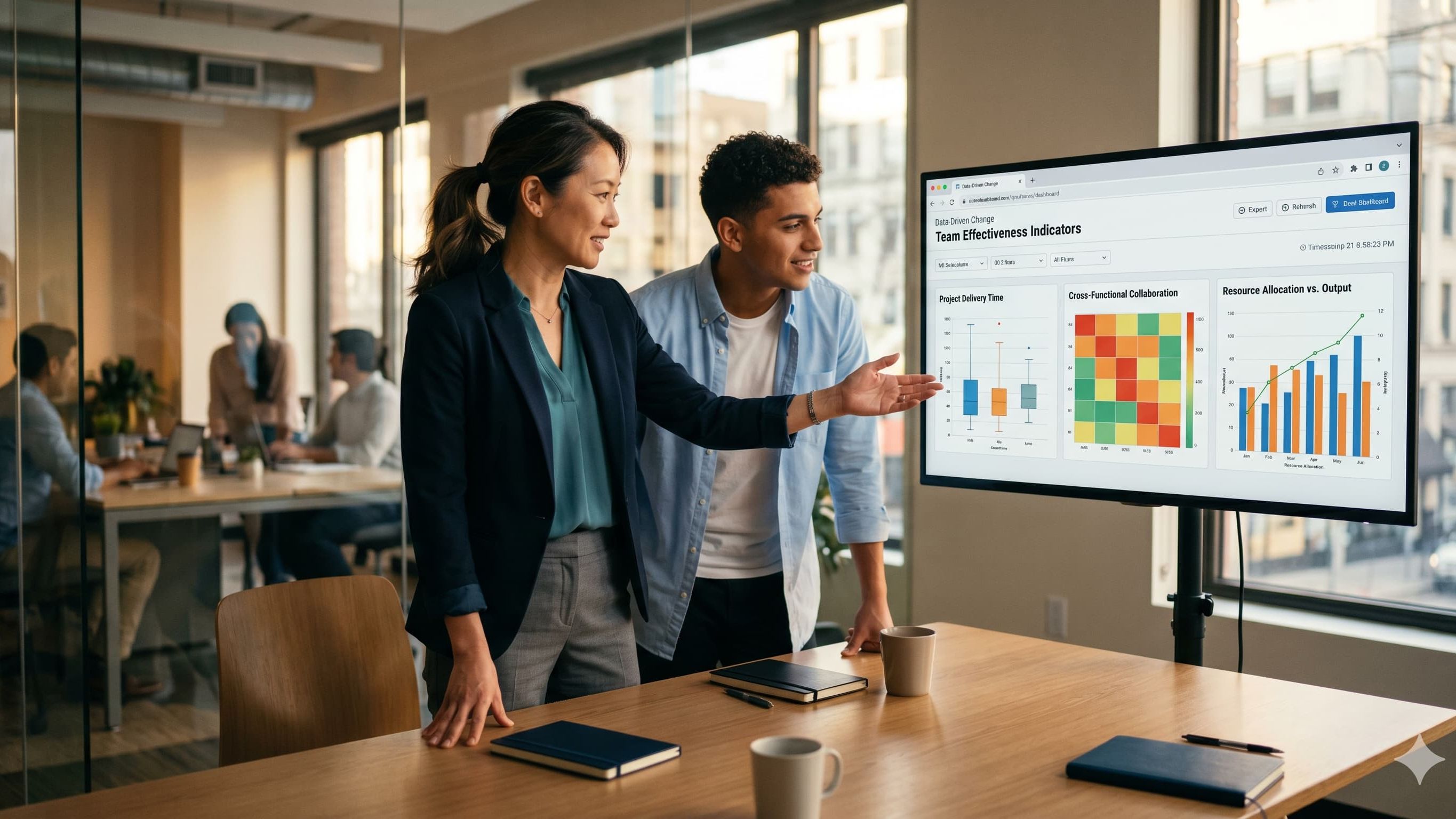 An East Asian female consultant and a young male colleague reviewing a data dashboard in a modern office. The screen displays a box and whisker chart, a heat map, and a combo chart, illustrating data-driven change and team effectiveness metrics for The Change Decision.