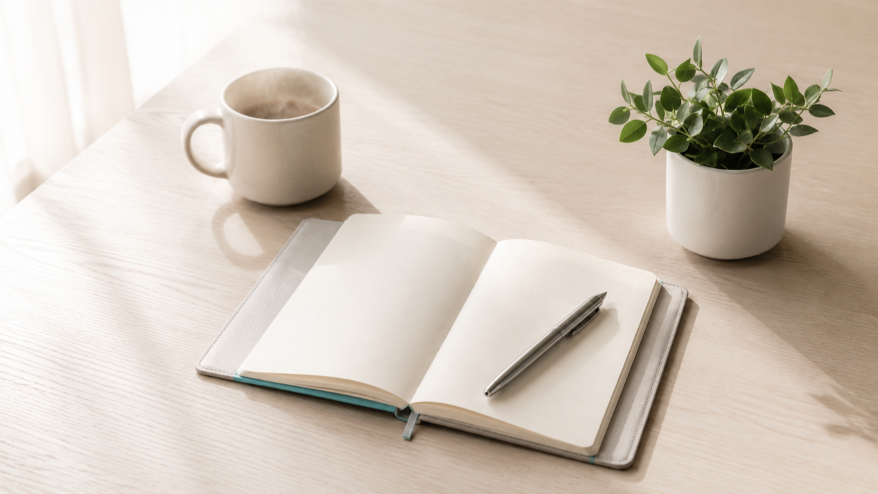 An open notebook and pen beside a mug and green plant on a sunlit desk.