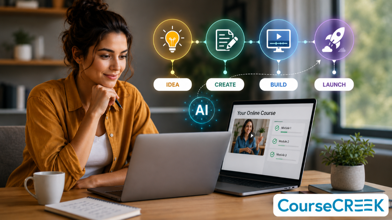Woman creating an AI-powered online course on a laptop with CourseCreek workflow showing Idea, Create, Build, and Launch stages.