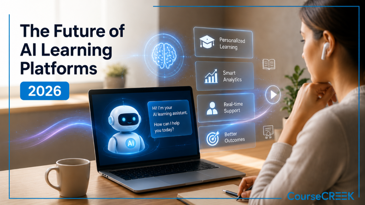 A modern promotional banner titled "The Future of AI Learning Platforms 2026" showing a student using a laptop with an AI-powered learning assistant chatbot. Futuristic holographic interface elements highlight features including Personalized Learning, Smart Analytics, Real-time Support, and Better Outcomes. The design uses blue glowing UI effects in a clean workspace, with the CourseCREEK logo displayed in the bottom-right corner.