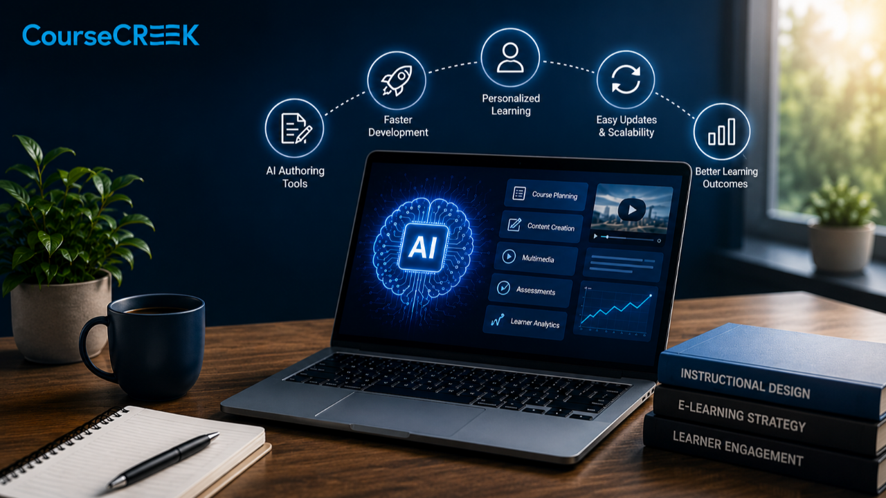 AI-powered course development platform dashboard showing AI authoring tools, personalized learning, faster content creation, LMS features, learner analytics, and instructional design resources.