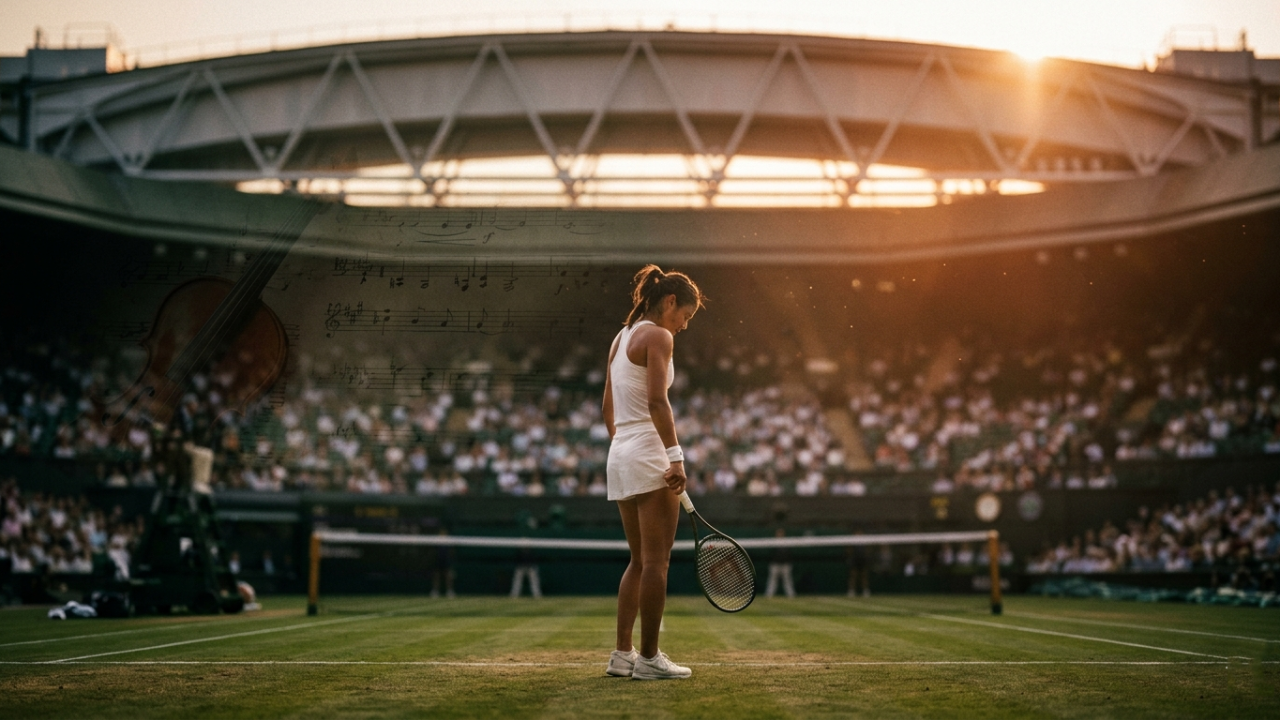 A tennis player stands alone on a Wimbledon court at sunset, holding a racket in a reflective moment after competition, symbolizing resilience and performance under pressure.