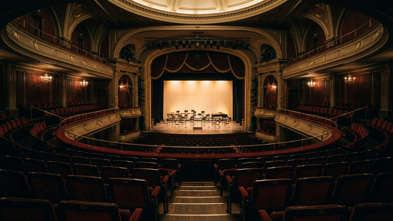 An empty theater with soft stage lighting and rows of seats, symbolizing reflection on artistic value, culture, and the difference between popularity and meaning.