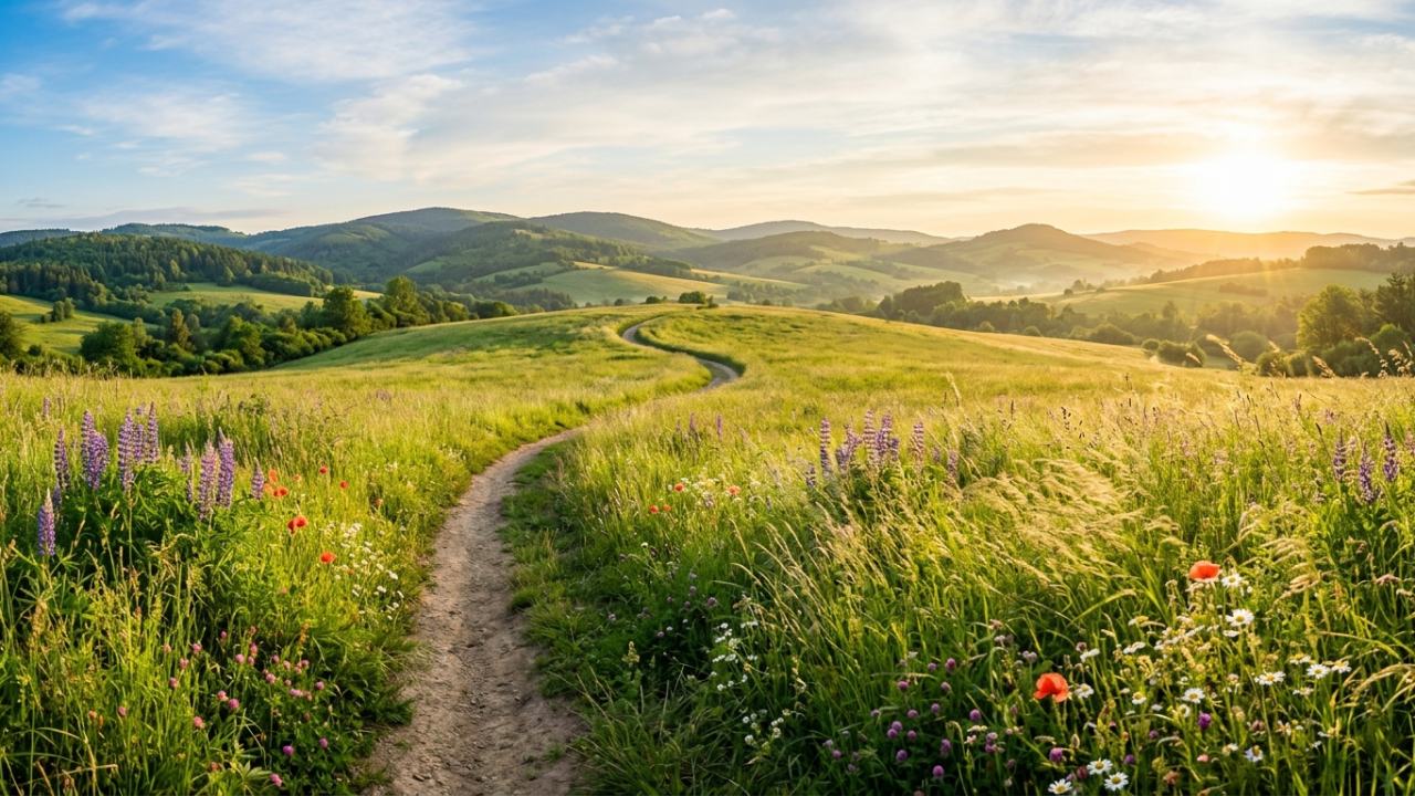 Peaceful winding path through a sunlit meadow, symbolizing musical flow, expression, phrasing, and artistic growth.