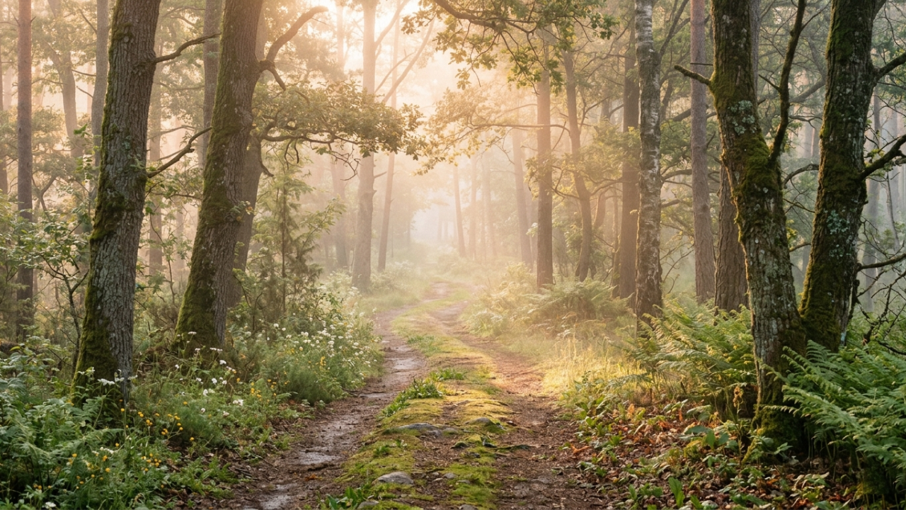 Peaceful forest path at sunrise with soft light and calming natural atmosphere symbolizing healing and emotional regulation