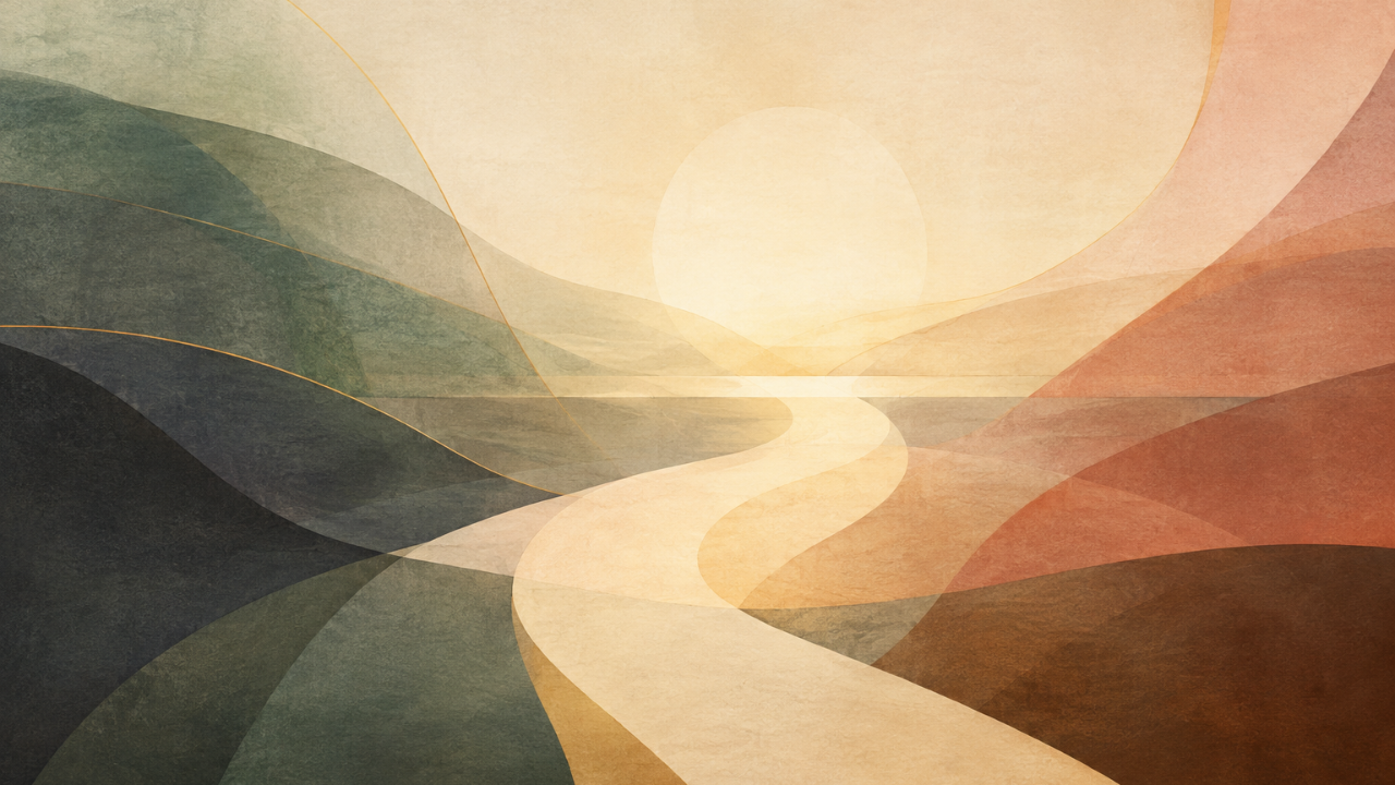 Abstract composition of interconnected geometric forms supporting a central structure, with several loose elements being cleared away to represent the unseen work, habits, and choices behind achievement.