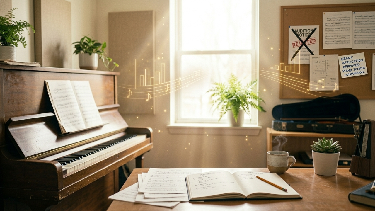 A bright, peaceful creative workspace with music sheets, notes, and natural light, symbolizing clarity, organization, and a calm, positive mindset around financial awareness and career growth.