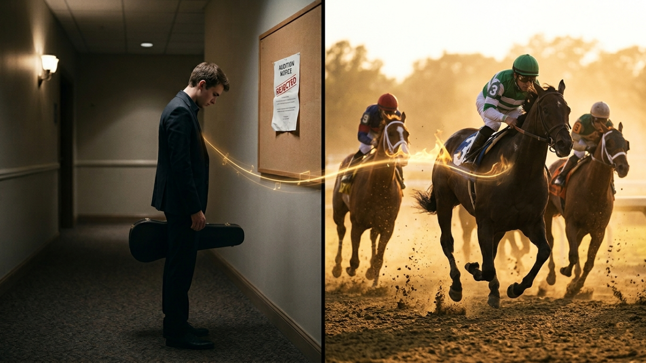 A split image showing a musician reflecting after a disappointing audition and a horse making a dramatic comeback in the Kentucky Derby, symbolizing resilience, growth, and transformation.