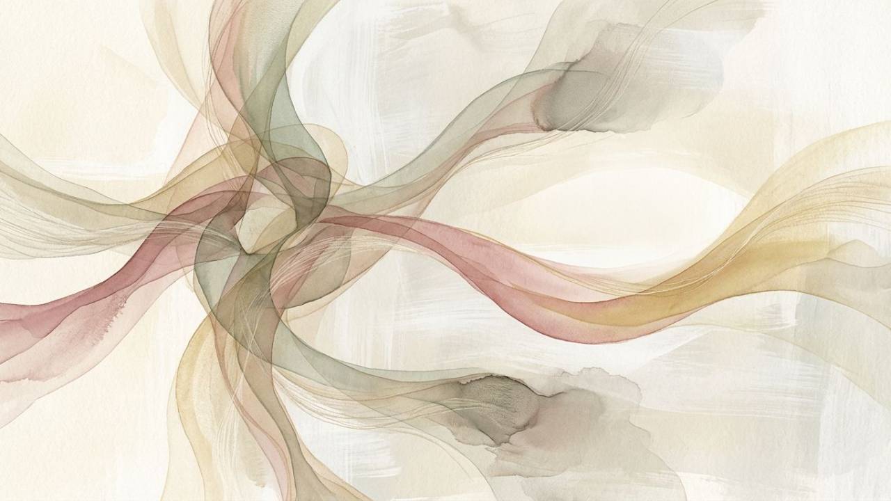 Abstract composition of winding translucent paths separating and reconnecting around a central opening, representing unexpected career detours, redirection, and finding the path forward.