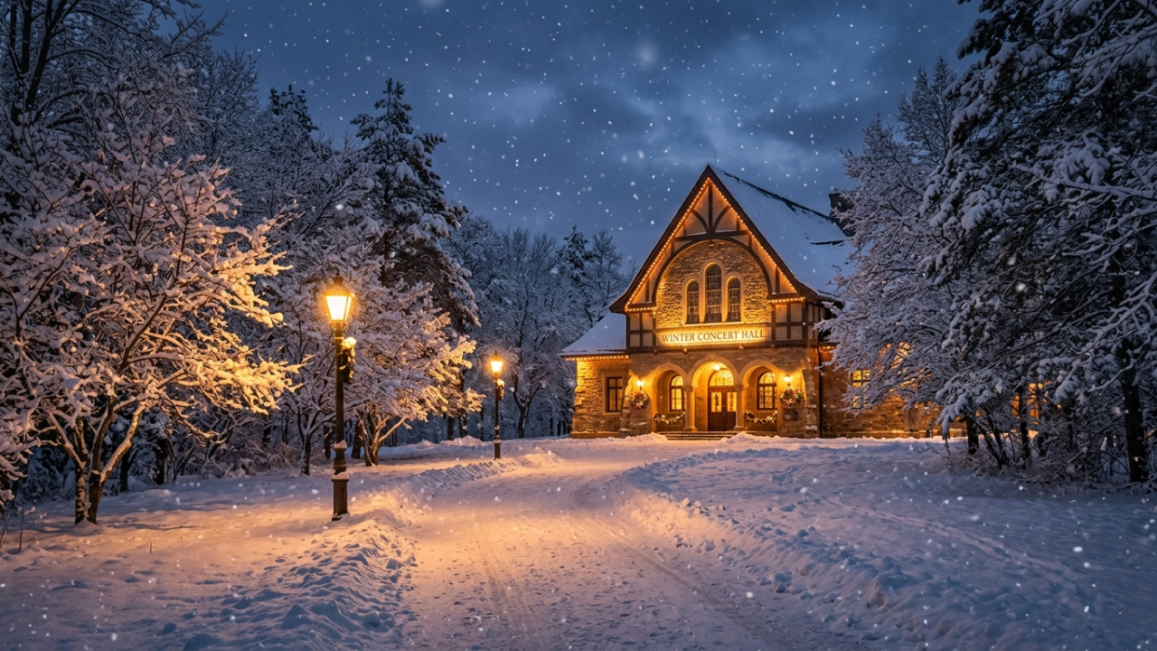 Peaceful winter concert hall scenery with warm lights and calming holiday atmosphere surrounded by snow-covered trees