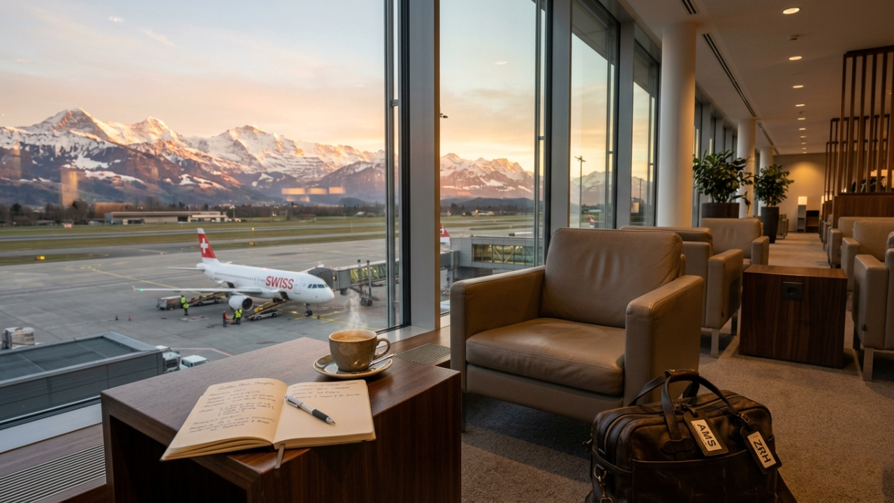 Peaceful airport lounge with warm sunlight and mountains representing resilience, reflection, and redefining success beyond outcomes for musicians and performers