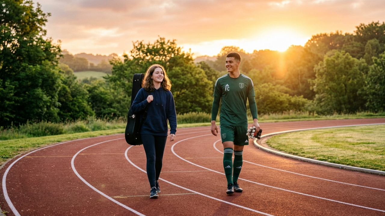 A young musician with a violin case and a soccer goalkeeper walking together on a peaceful track at sunrise, symbolizing resilience, steady progress, and the journey toward success.