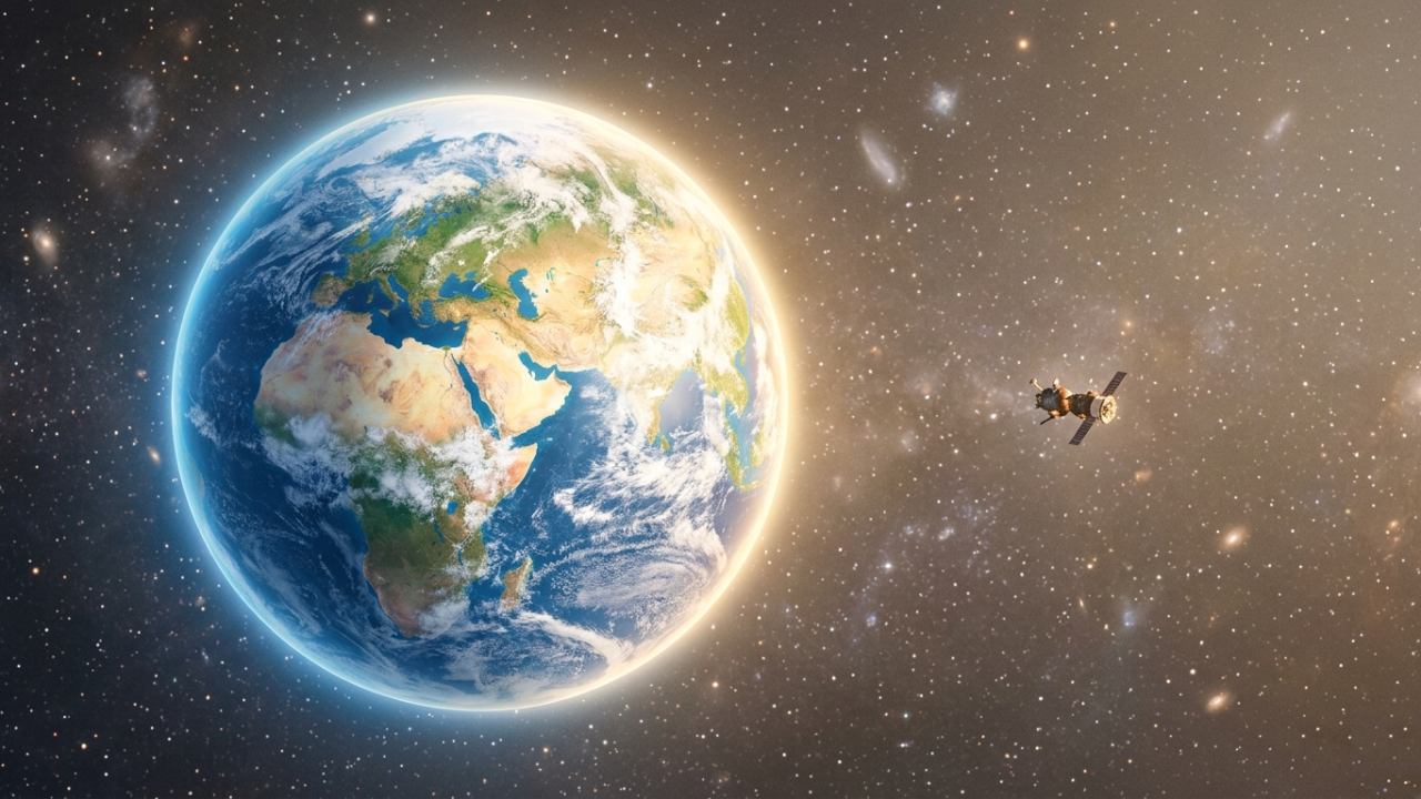 A calm view of Earth from space with a small spacecraft nearby, symbolizing connection, unity, and the idea of humanity as one shared crew.
