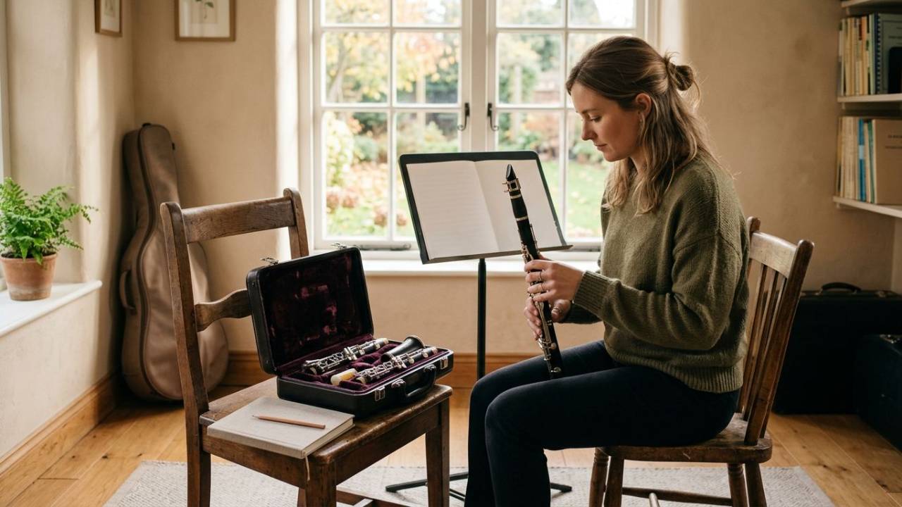 Clarinetist preparing to practice with an open instrument case and practice journal nearby, creating a calm and intentional start to a new season.