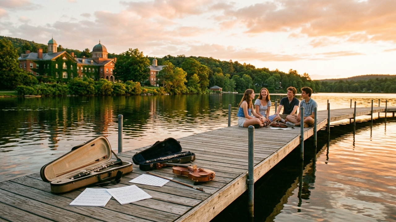 A peaceful lakeside dock at sunset with musical instruments, sheet music, and a small group of young musicians enjoying a summer music festival in a warm, inspiring setting.