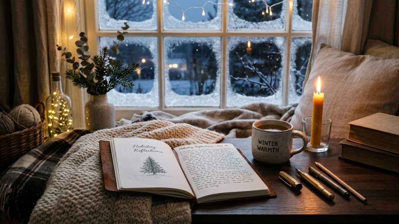 Cozy holiday reflection setup with candle, tea, journal, and warm winter atmosphere for intentional planning and self-reflection