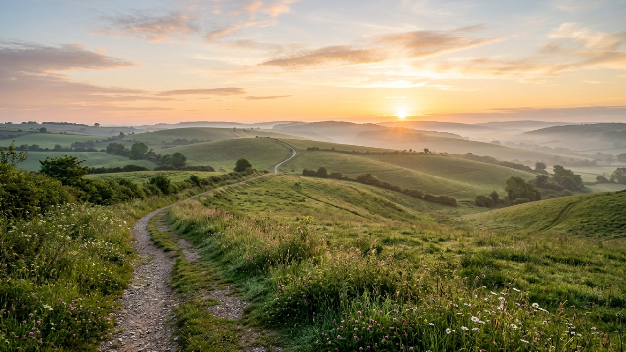 Peaceful sunrise over rolling green hills with a winding path disappearing into the distance, surrounded by soft morning mist and warm golden light.