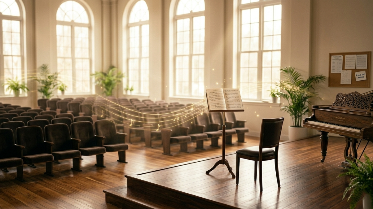 An empty sunlit concert hall with an open music score on a stand, symbolizing preparation, anticipation, and calm reflection before a performance or important moment.