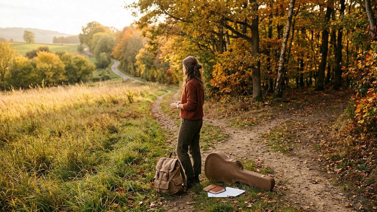 A musician’s instrument case rests at a crossroads between late summer and early autumn, symbolizing seasonal change, choices, and shifting priorities.