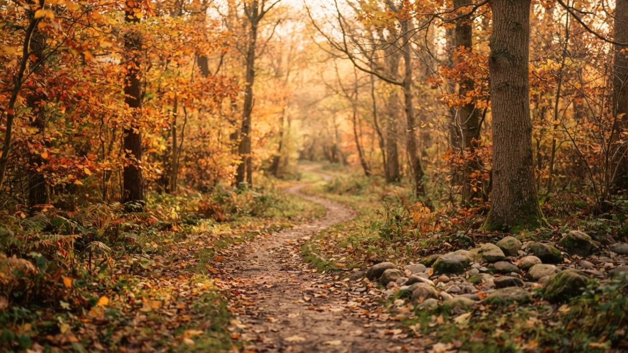 A quiet autumn landscape with a winding path, fallen leaves, and warm light symbolizing change, reflection, and new seasons