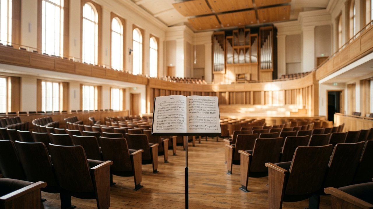 An empty sunlit concert hall with an open music score on a stand, symbolizing the transition between preparation and performance, and the emotional gap between intention and action.
