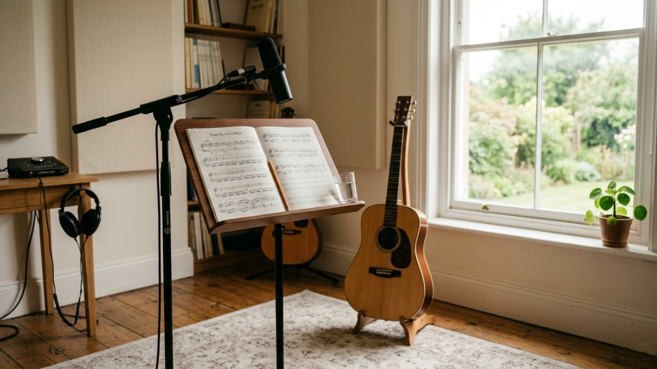 A peaceful music practice room with a microphone and open score, symbolizing recording, repetition, and the reflective process of improving performance through practice.