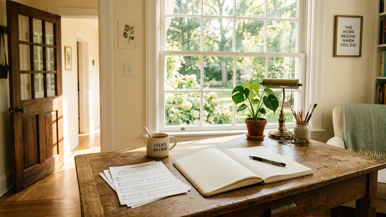 A peaceful creative workspace with soft sunlight and an open notebook, symbolizing creativity, self-expression, and the idea that permission is not needed to begin.