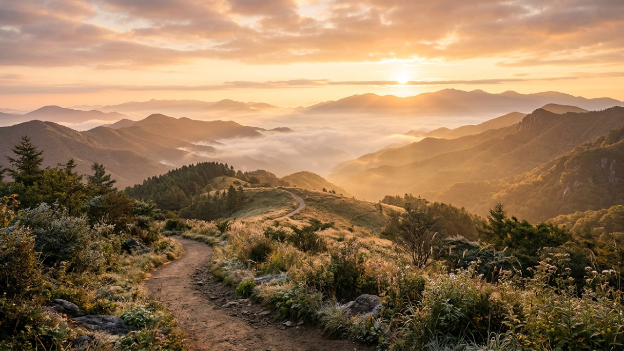 Peaceful sunrise over a mountain landscape symbolizing reflection, clarity, and renewal for the new year