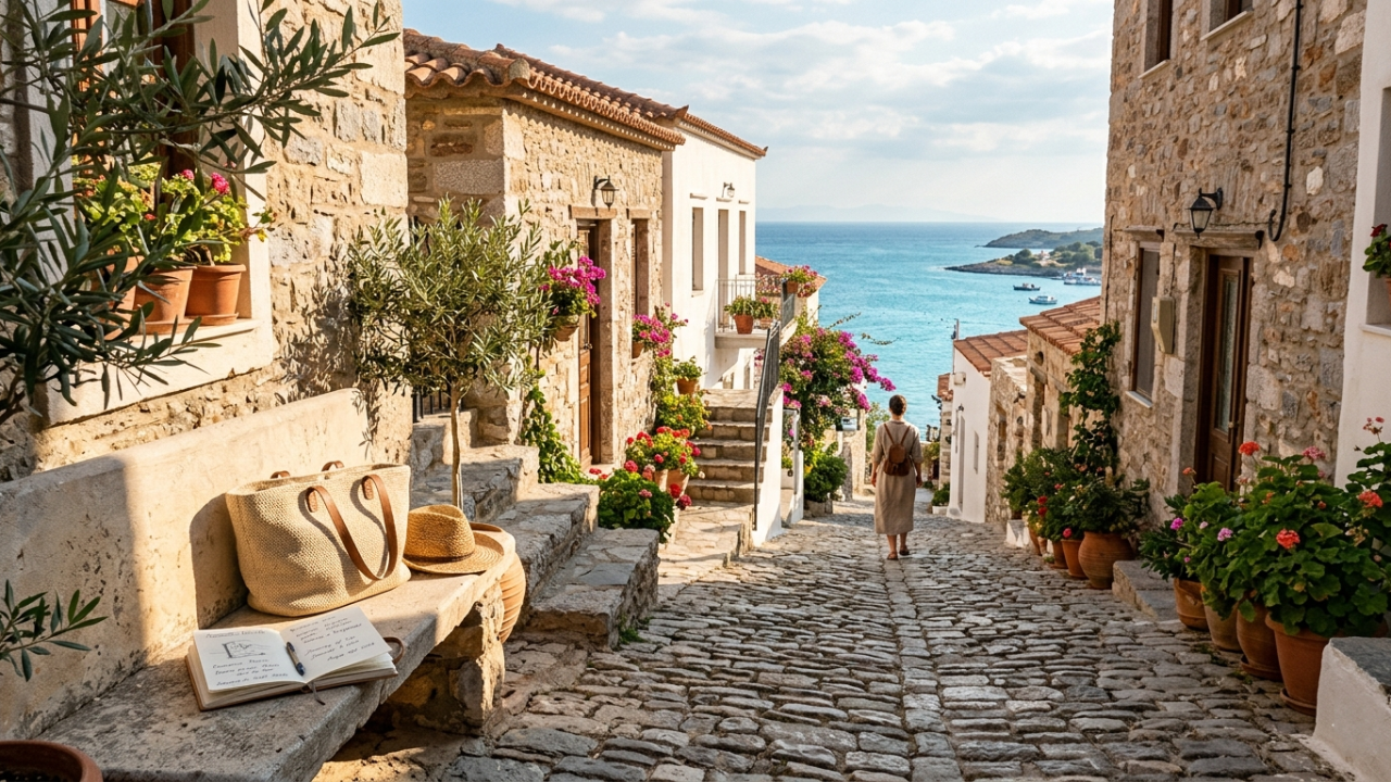 A peaceful sunlit cobblestone street leading toward the ocean in a coastal town, symbolizing travel, unexpected change, and finding calm in uncertain journeys.