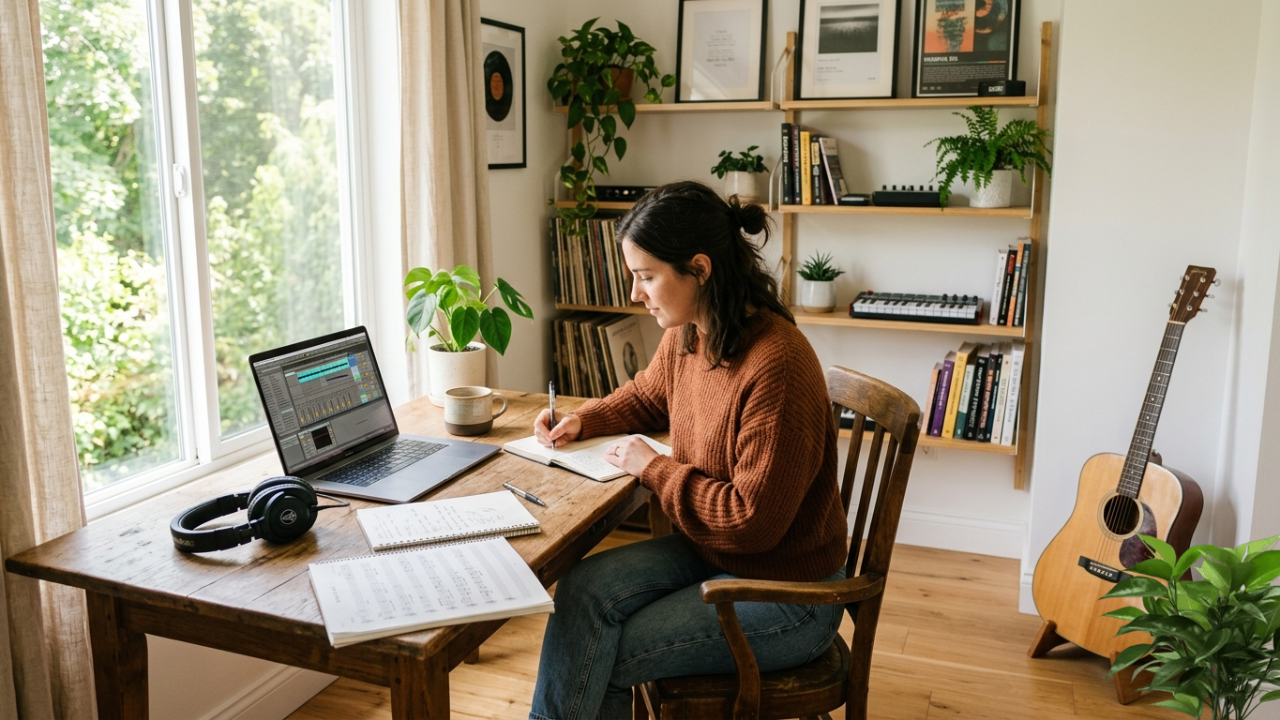 A musician working in a bright, peaceful creative studio with sheet music, a laptop, notebook, and coffee, symbolizing the many roles involved in building a modern music career.