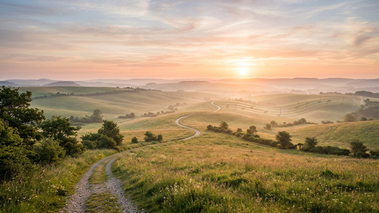 A calm sunrise landscape with a winding path leading toward a bright horizon, symbolizing clarity, direction, and seeing one’s future path.