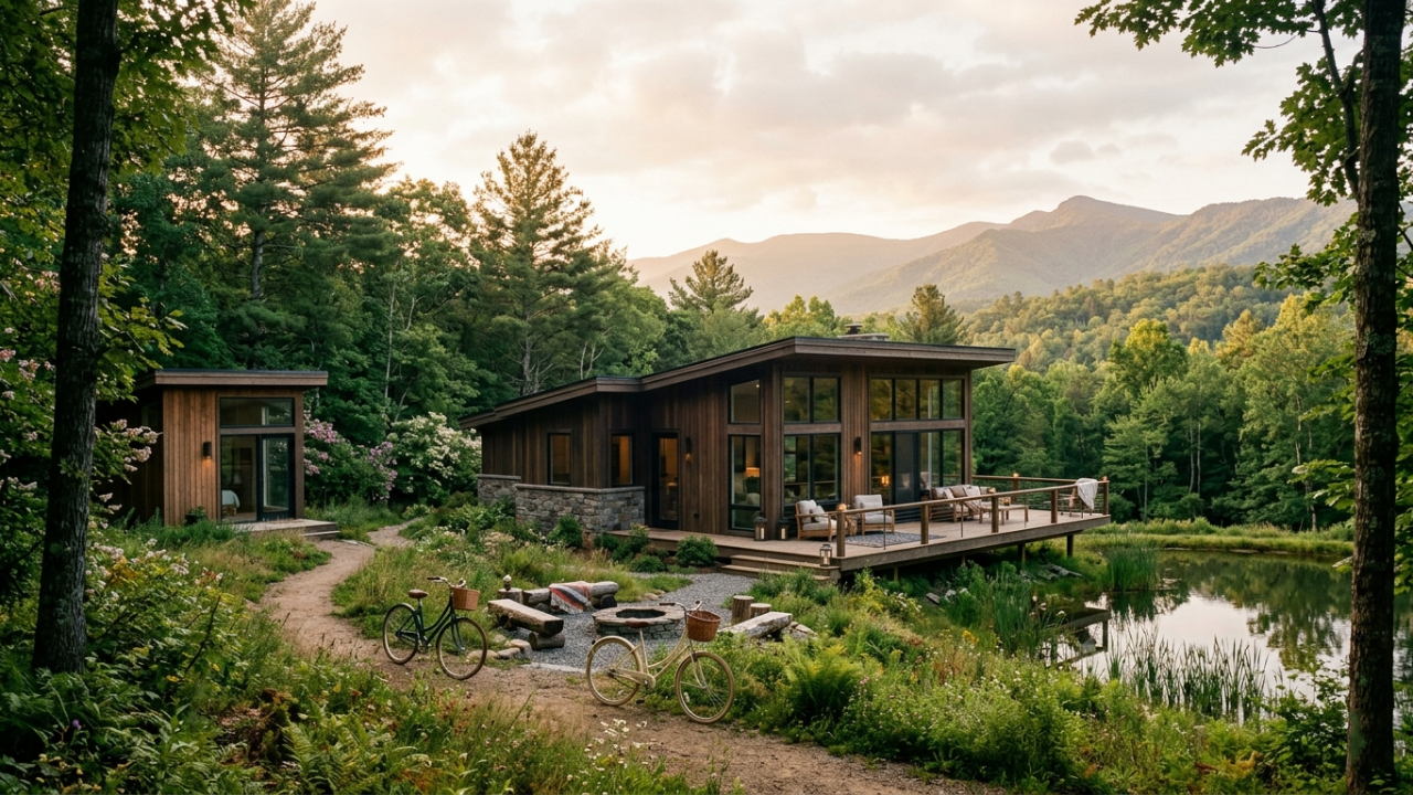Peaceful creative retreat center surrounded by nature with warm morning light and calming scenery