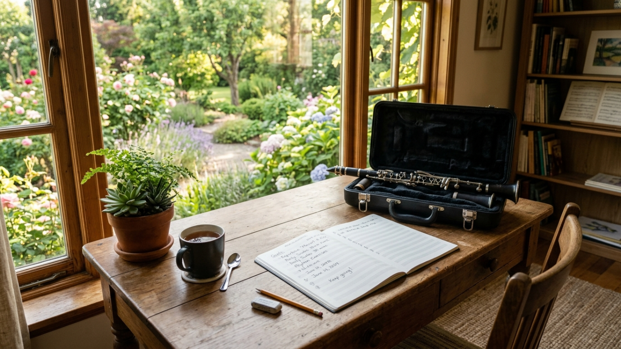 A peaceful music practice space with a clarinet, sheet music, notebook, tea, and a sunlit window, symbolizing consistent growth and a sustainable music career.