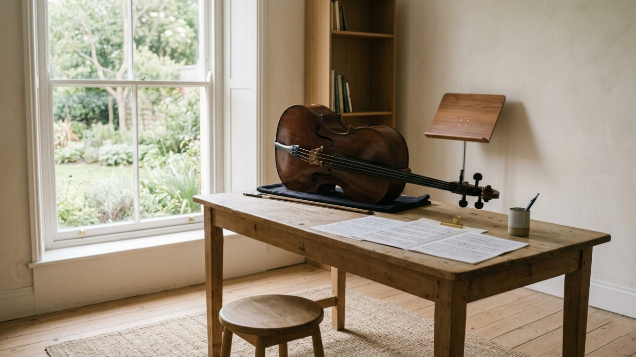 Quiet music practice room with instrument and sheet music, symbolizing calm focus and consistent daily practice