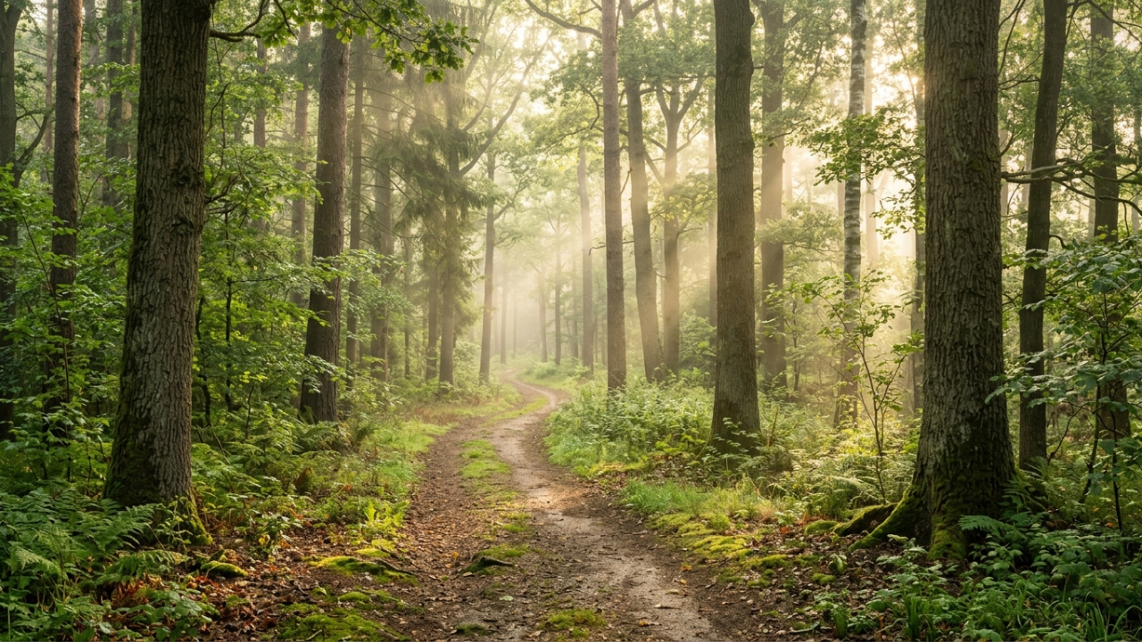 Peaceful forest path winding through tall trees in soft morning light, symbolizing growth, connection, and resilience.
