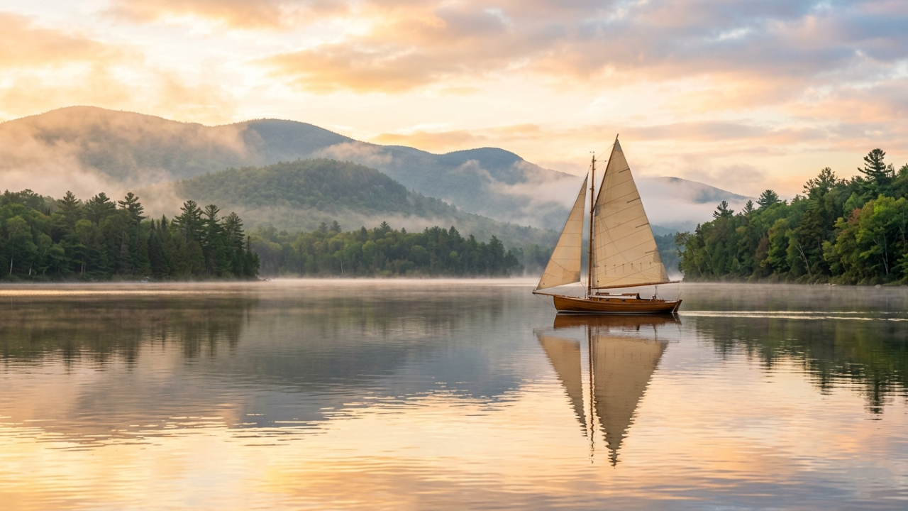 A peaceful wooden sailboat drifting across a calm lake at sunrise, surrounded by soft mist and warm golden light.