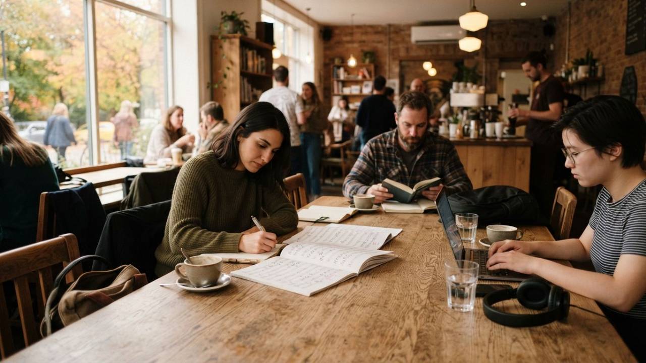 A quiet coffee shop table with notebooks, sheet music, coffee cups, and people working independently in the background