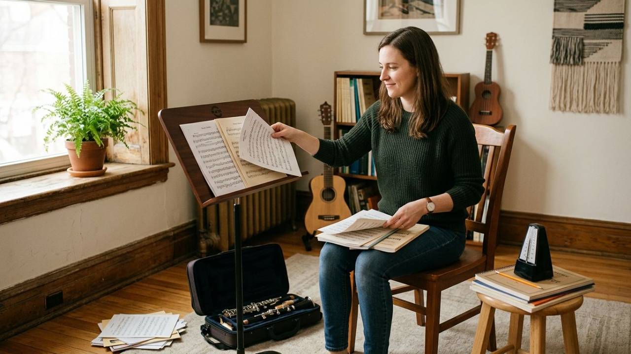 Clarinetist thoughtfully choosing between several practice materials and a clarinet in an uncluttered, calm practice space.